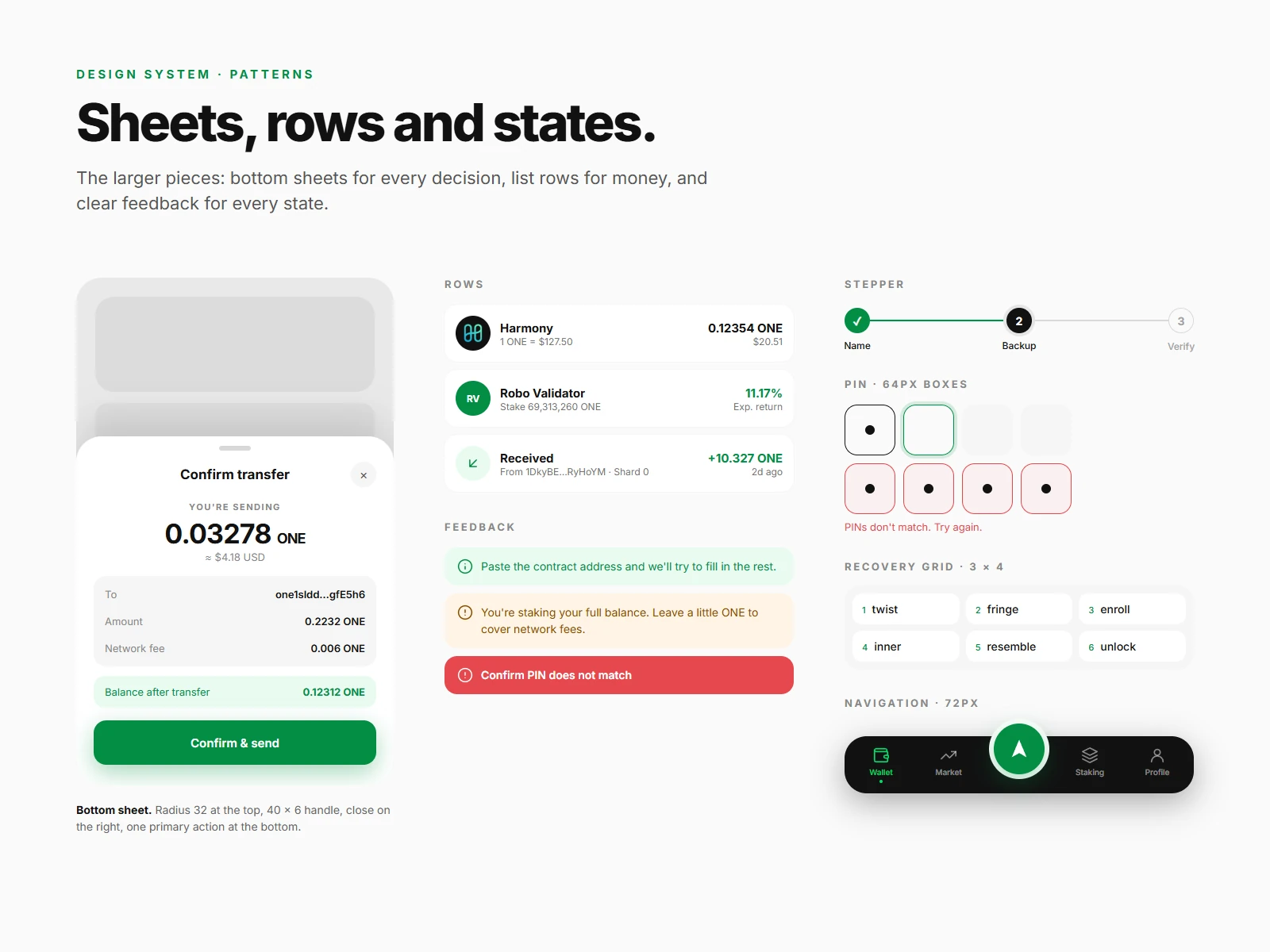 A bottom sheet for confirming a transfer, token, validator and transaction rows, info, warning and error notes, a three-step stepper, PIN boxes, the recovery grid and the floating navigation bar.