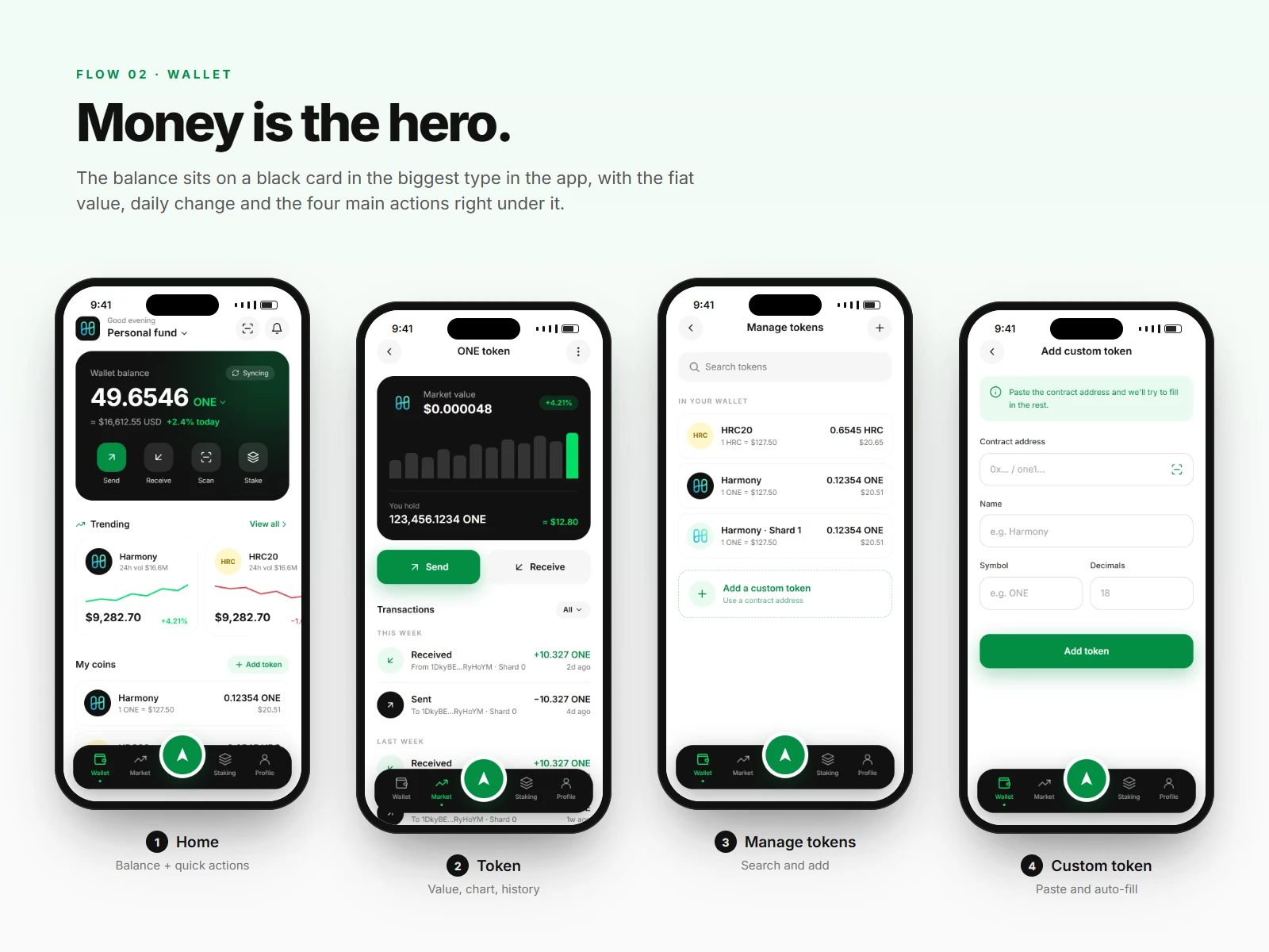 Four wallet screens: the home with the balance card and quick actions, a token detail with a chart, the manage tokens list and the add custom token form.