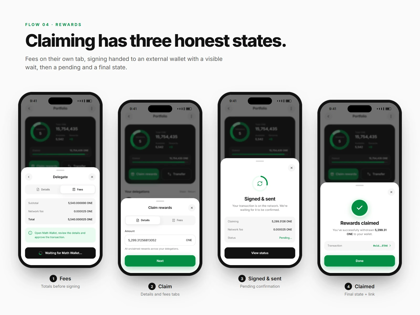 Four reward screens: the fees tab of the delegate sheet, the claim rewards sheet, a signed and sent pending state, and the rewards claimed state.