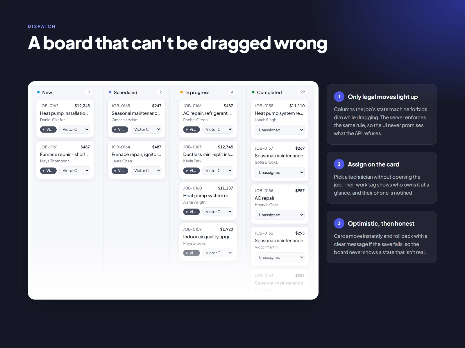 Job board crop with New, Scheduled, In progress and Completed columns.