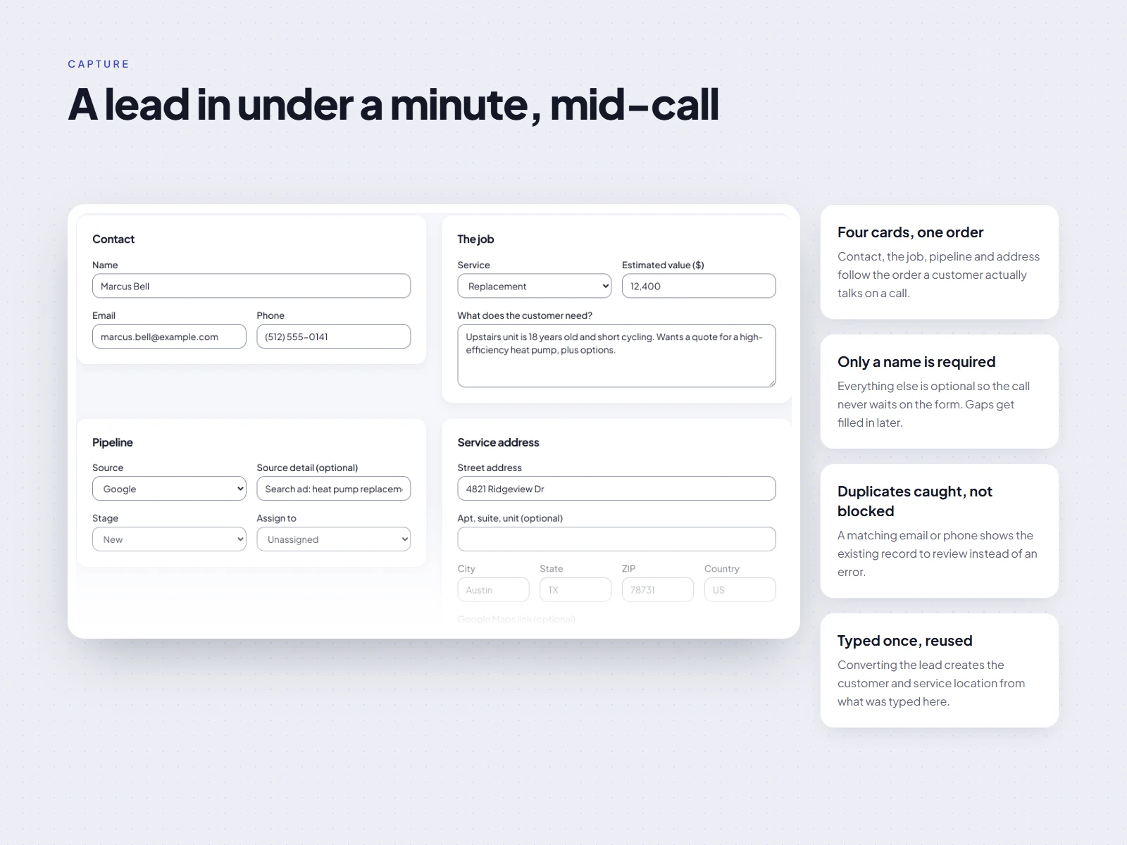 New lead form with contact, source and service fields.