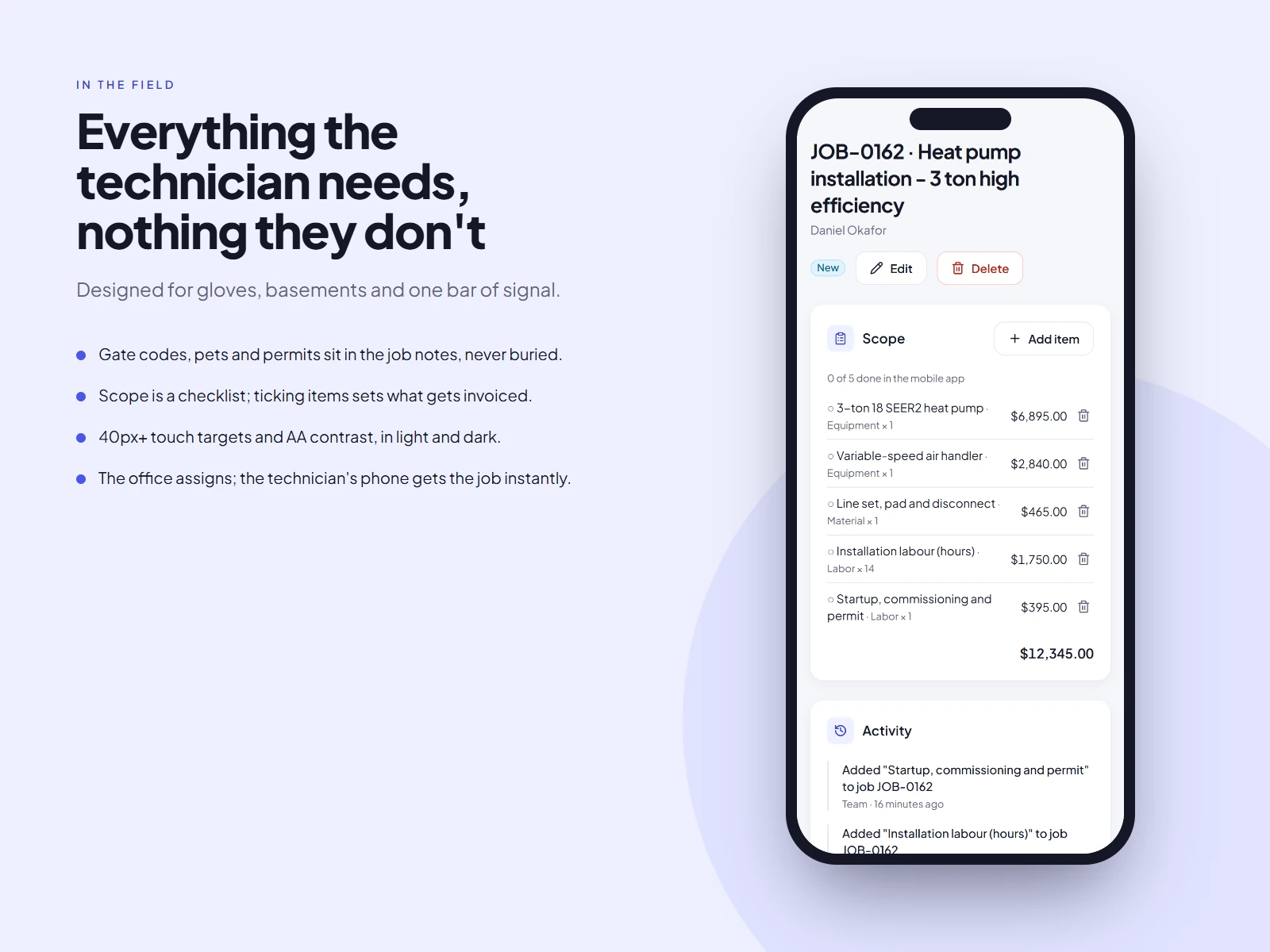 Technician mobile job screen with address, access notes and a large status button.
