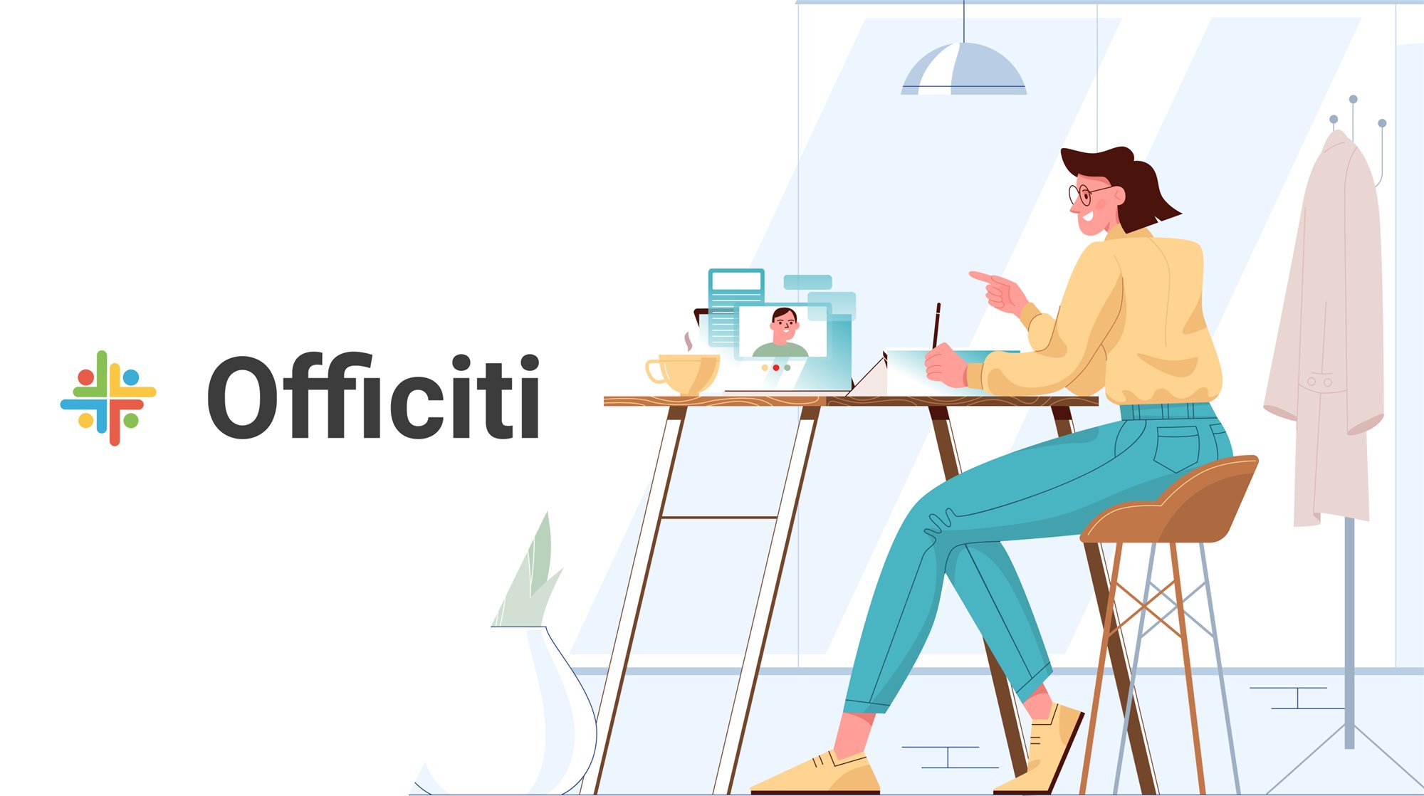 Officiti logo beside an illustration of a freelancer working at a desk on a video call