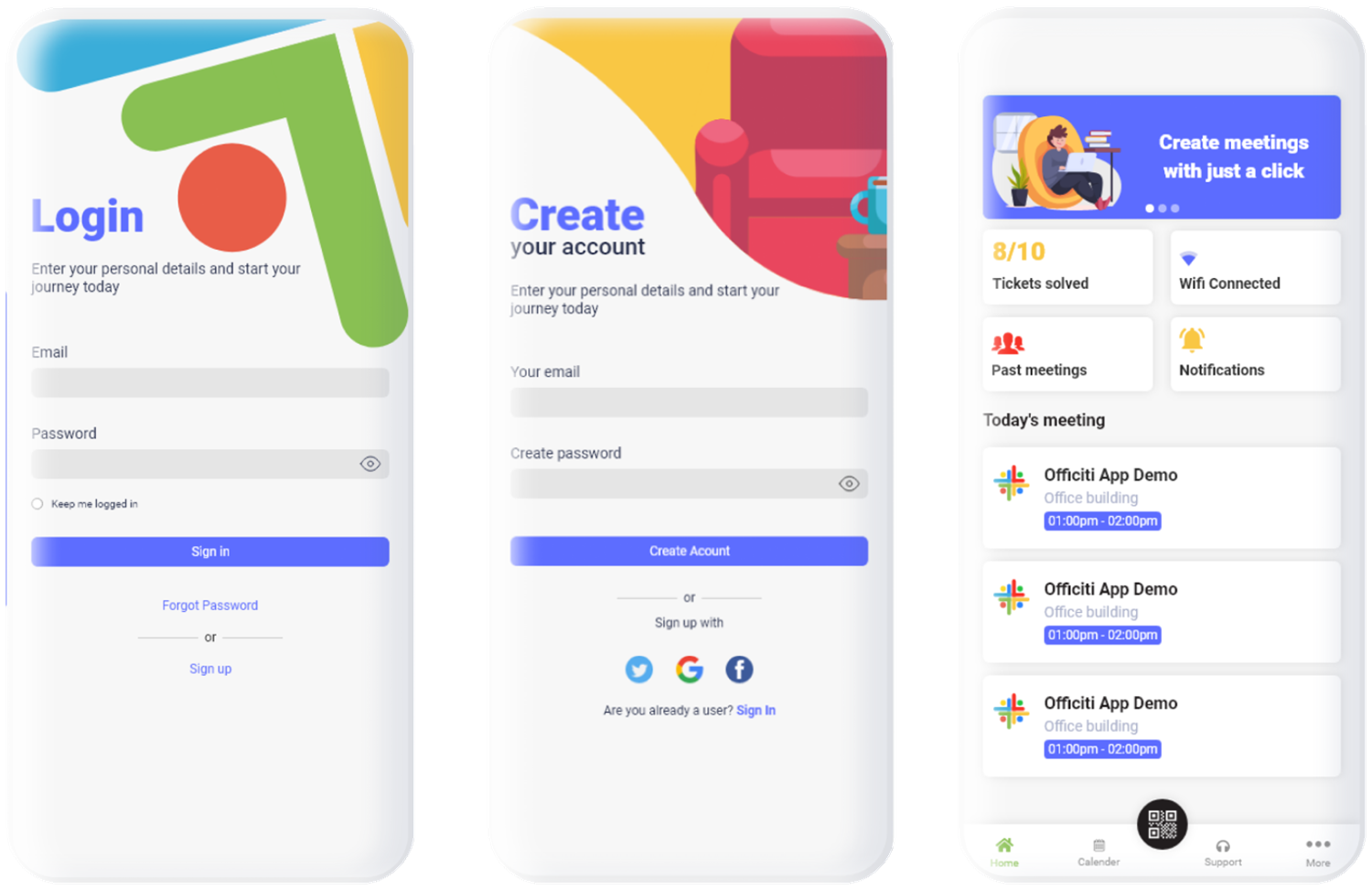 Login, Create account and Dashboard screens in the Officiti brand colors