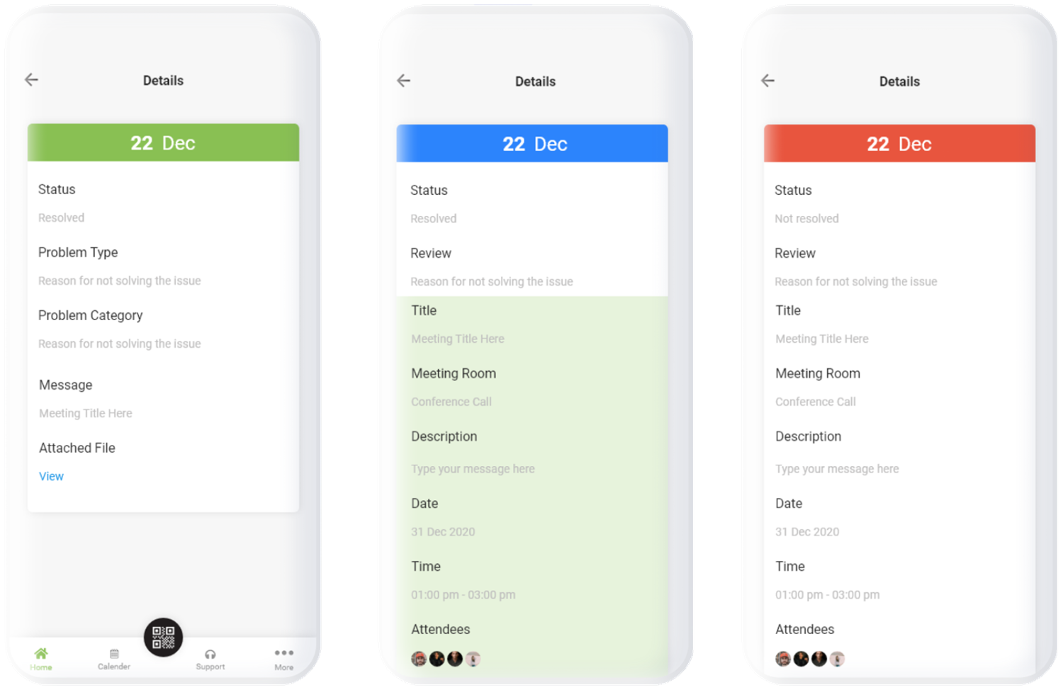Ticket detail screens with green resolved, blue and red not resolved header tiles