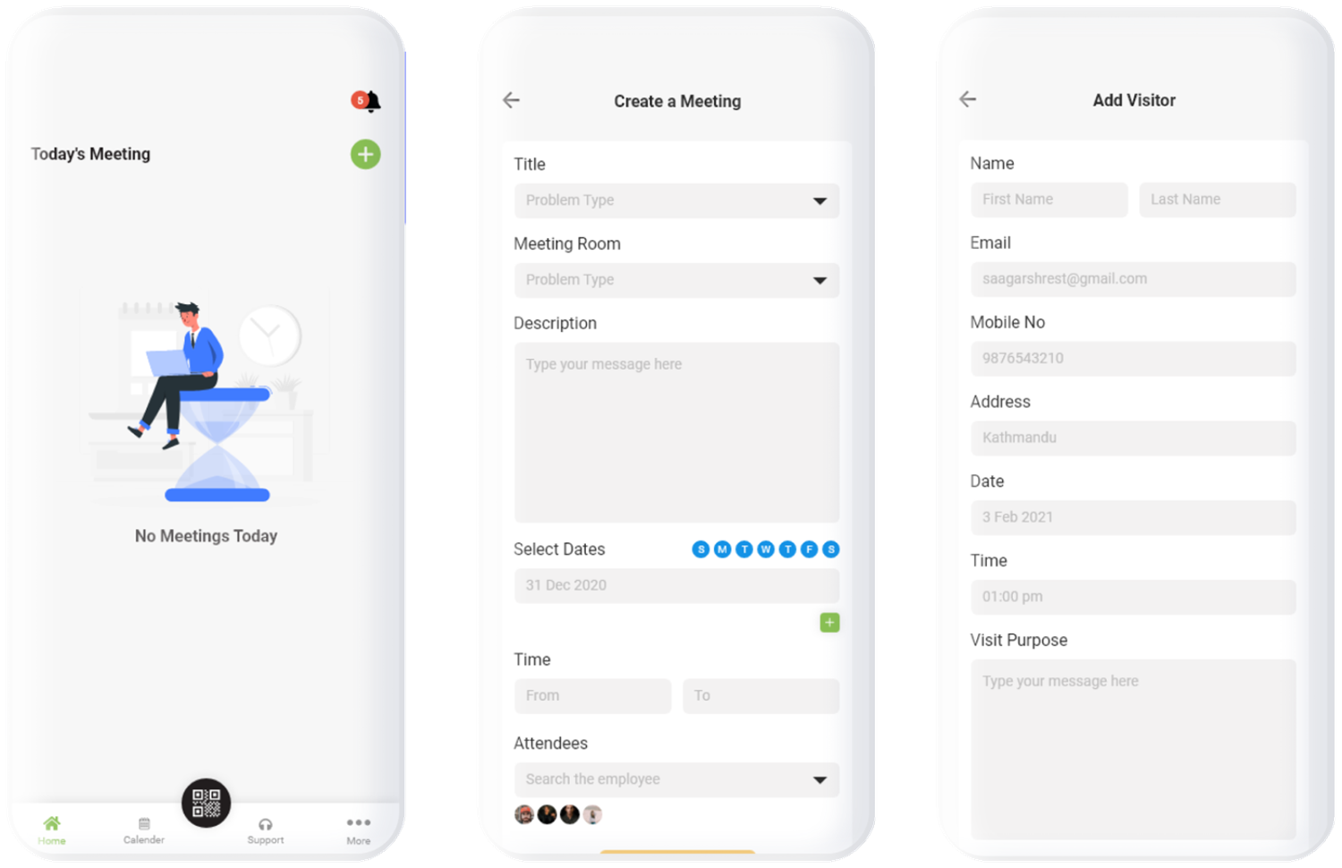 Empty meetings state, Create a Meeting form and Add Visitor form