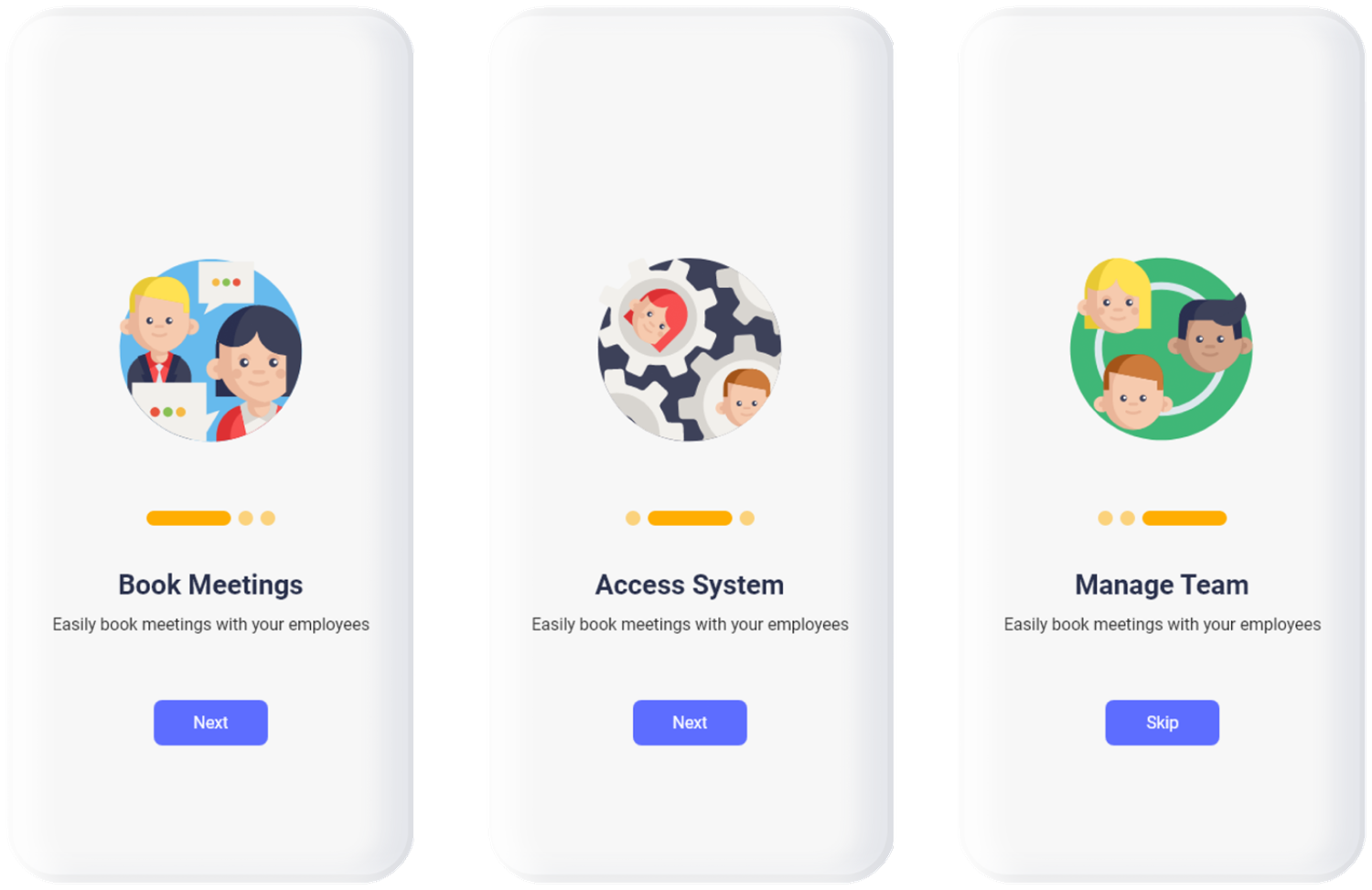 Onboarding screens with illustrations for Book Meetings, Access System and Manage Team