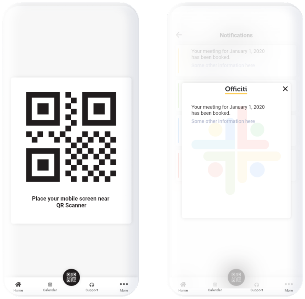 QR scanner screen and a notification dialog