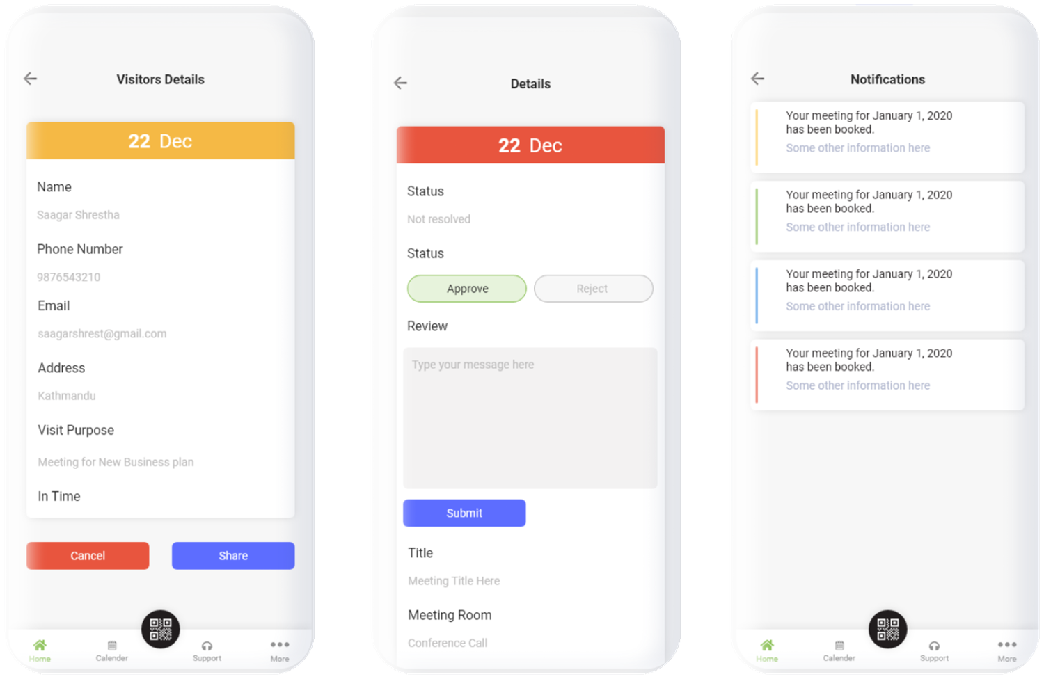 Visitors Details, ticket approve and reject screen, and Notifications list