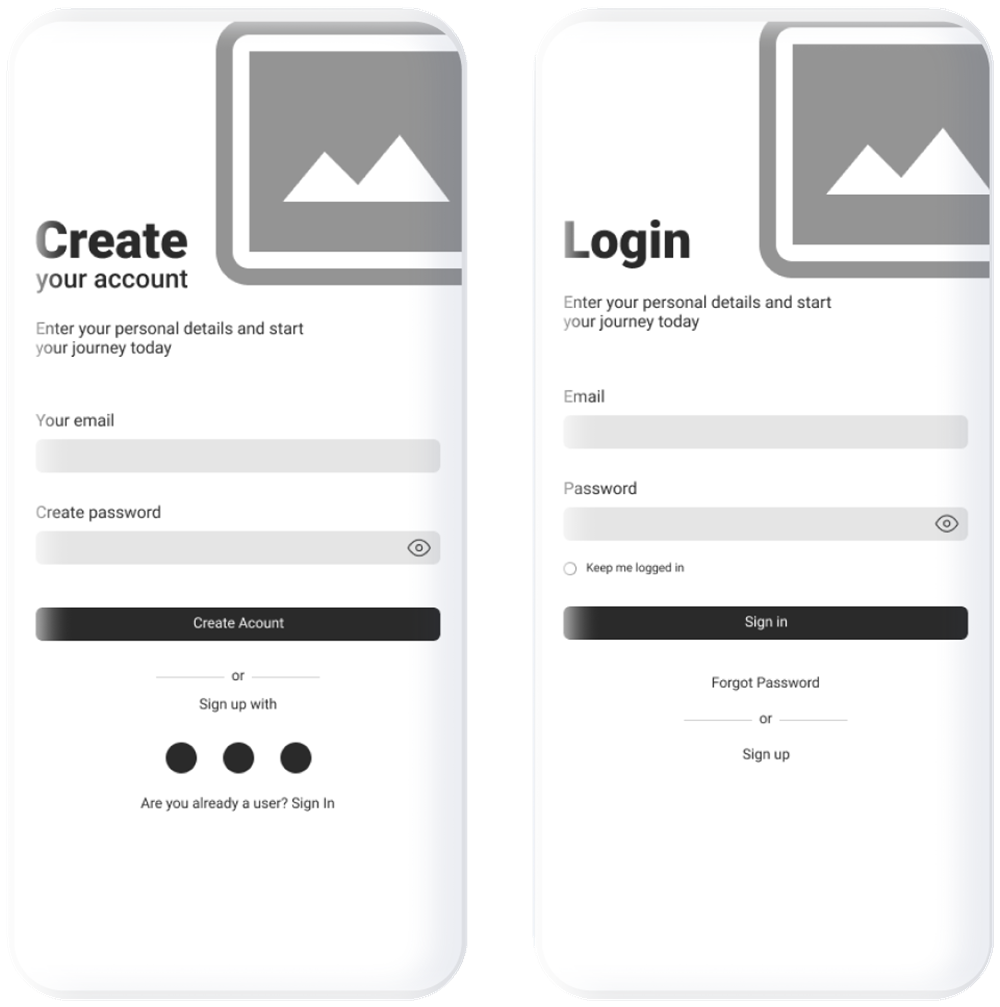 Create account and Login wireframes with email and password fields