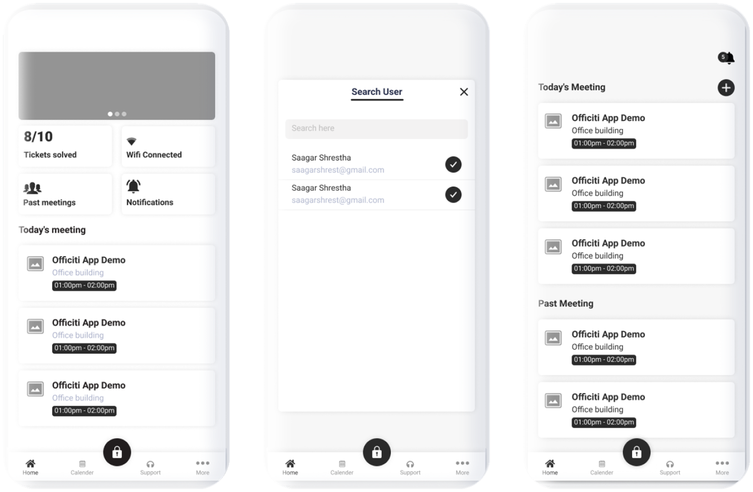 Dashboard wireframe with ticket stats, today's meetings, attendee search and past meetings