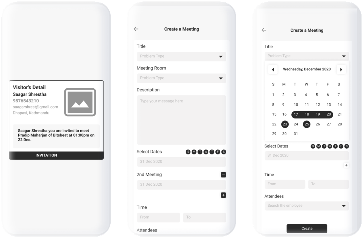 Visitor invitation, Create a Meeting form and date picker wireframes