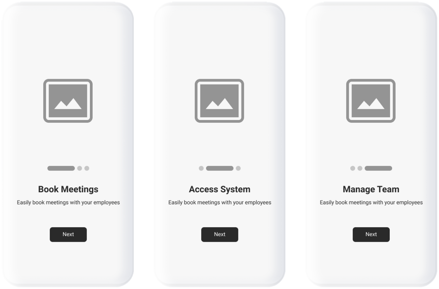 Three onboarding wireframes: Book Meetings, Access System and Manage Team