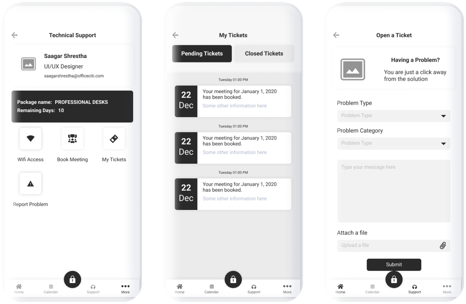 Technical Support, My Tickets and Open a Ticket wireframes