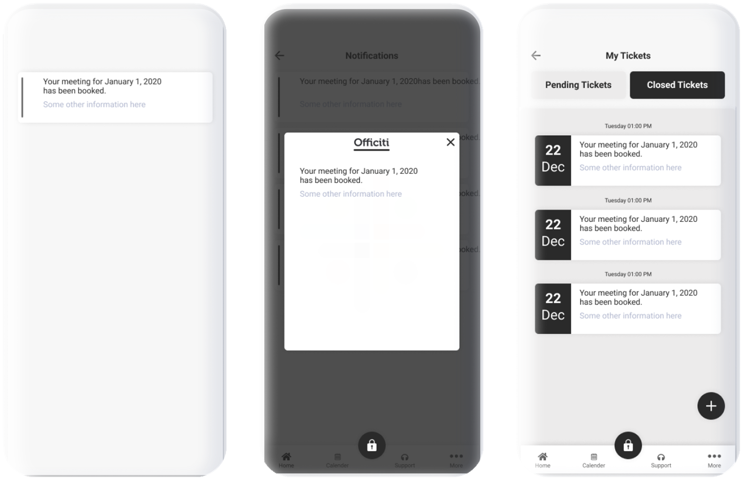Notification list, notification dialog and My Tickets wireframes