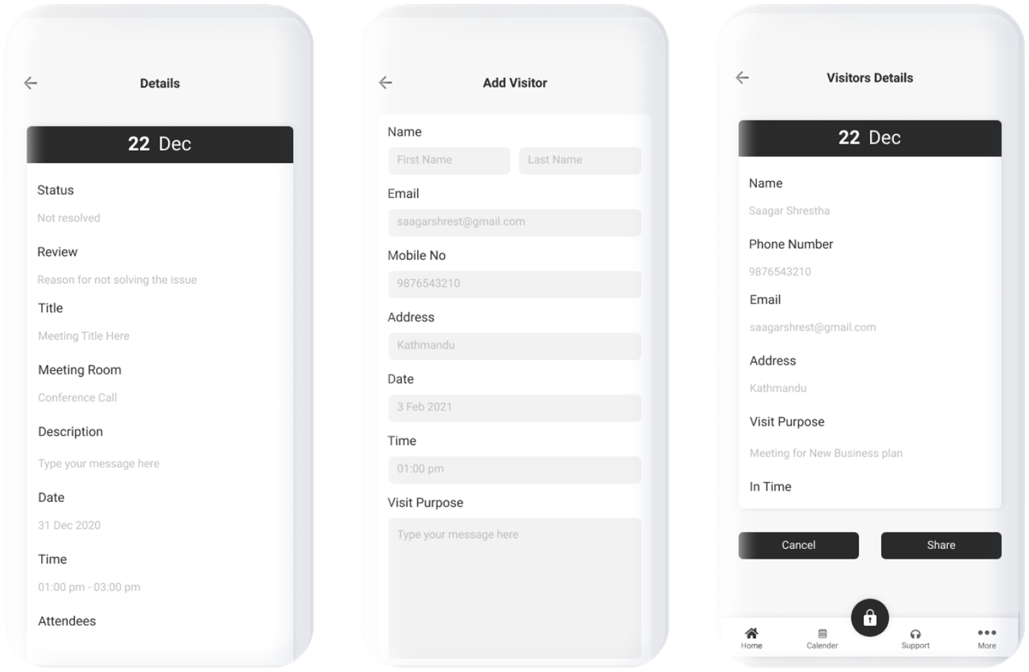 Ticket details, Add Visitor form and Visitors Details wireframes