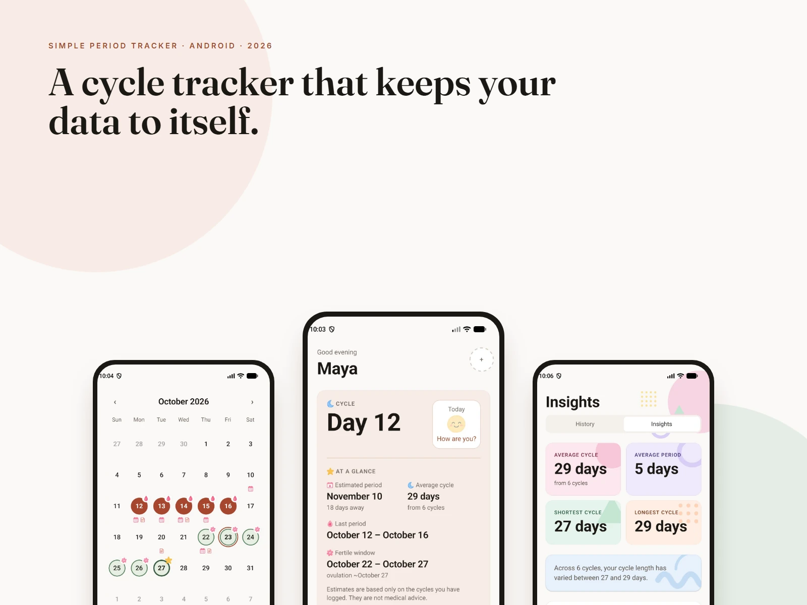Three phone screens: the October calendar, the home screen showing cycle day 12, and the Insights summary.