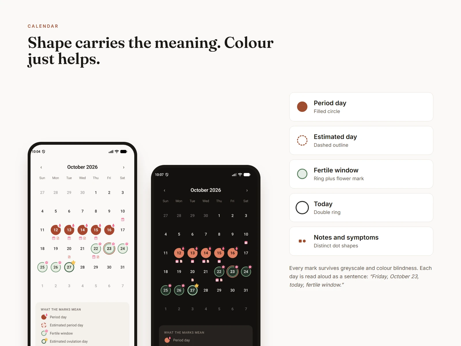 The calendar in light and dark themes, with a key explaining the shape used for each kind of day.