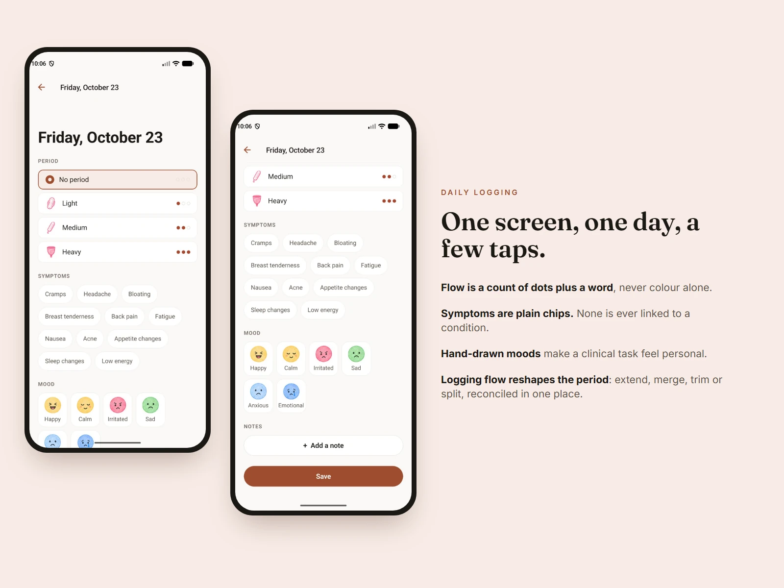 The daily entry screen with flow options, symptom chips and hand-drawn mood faces.