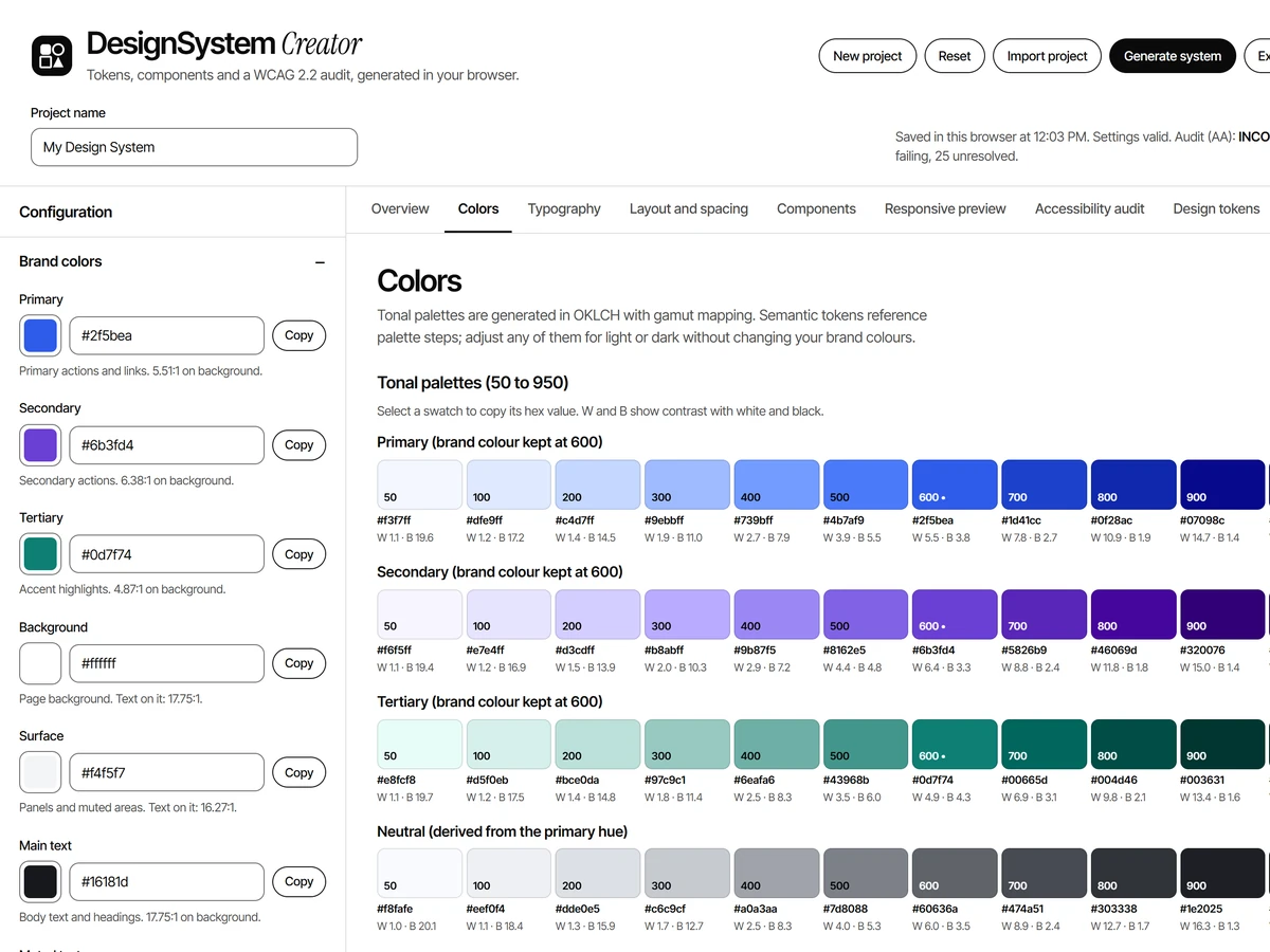DesignSystem Creator: brand colour settings beside generated primary, secondary, tertiary and neutral palettes from 50 to 950