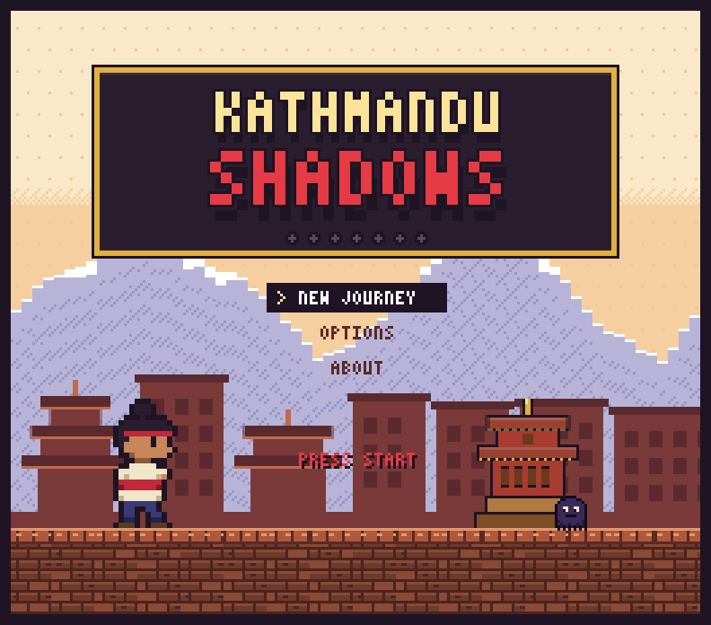 Kathmandu Shadows title screen: a young guardian in a red headband stands on a brick street before pagoda temples, under the game logo