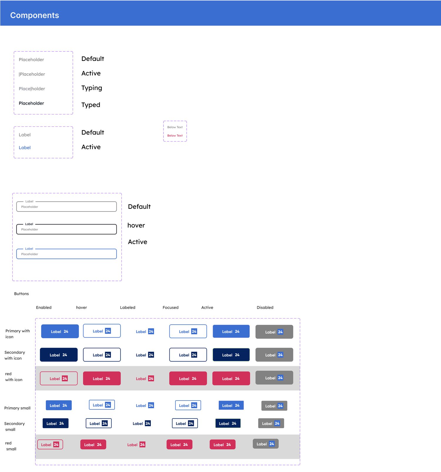 Web components: inputs, buttons in every state, icons, pagination