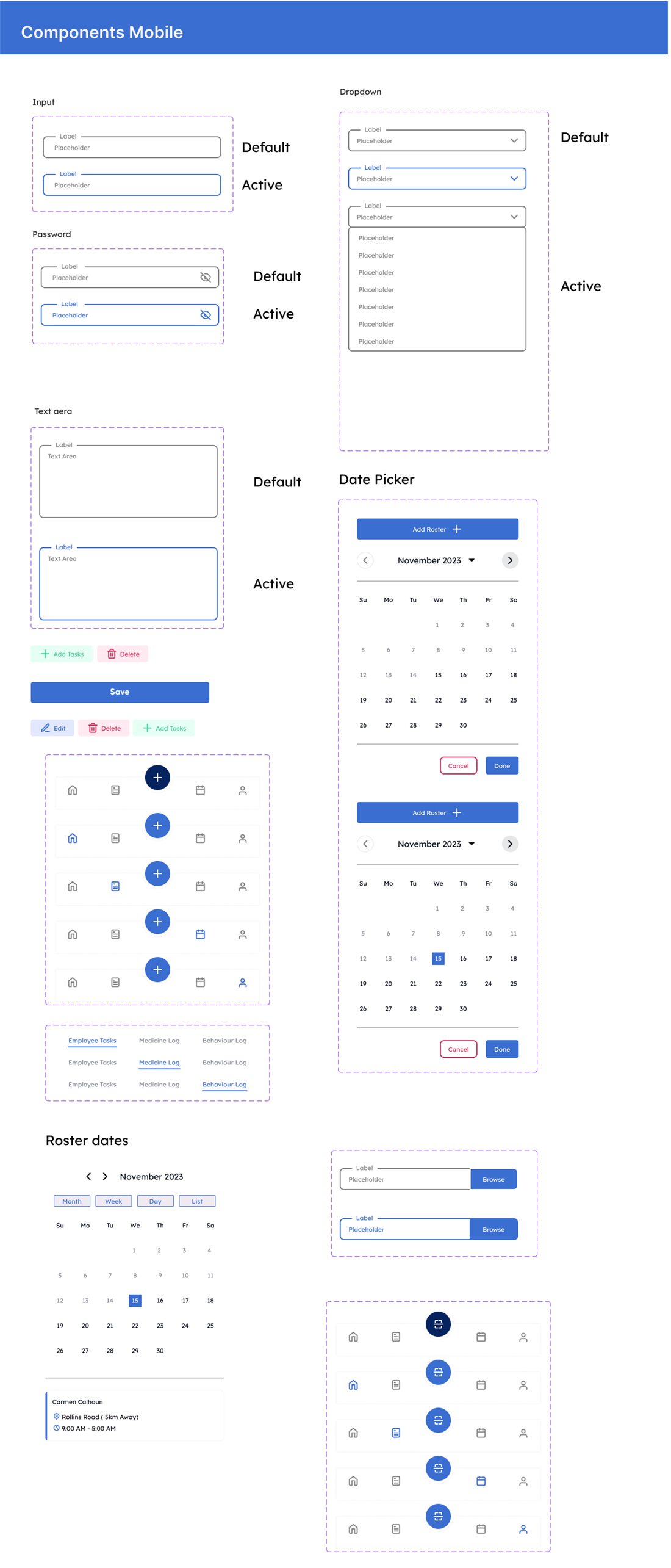 Mobile components: inputs, dropdowns, date picker, roster dates and tab bar
