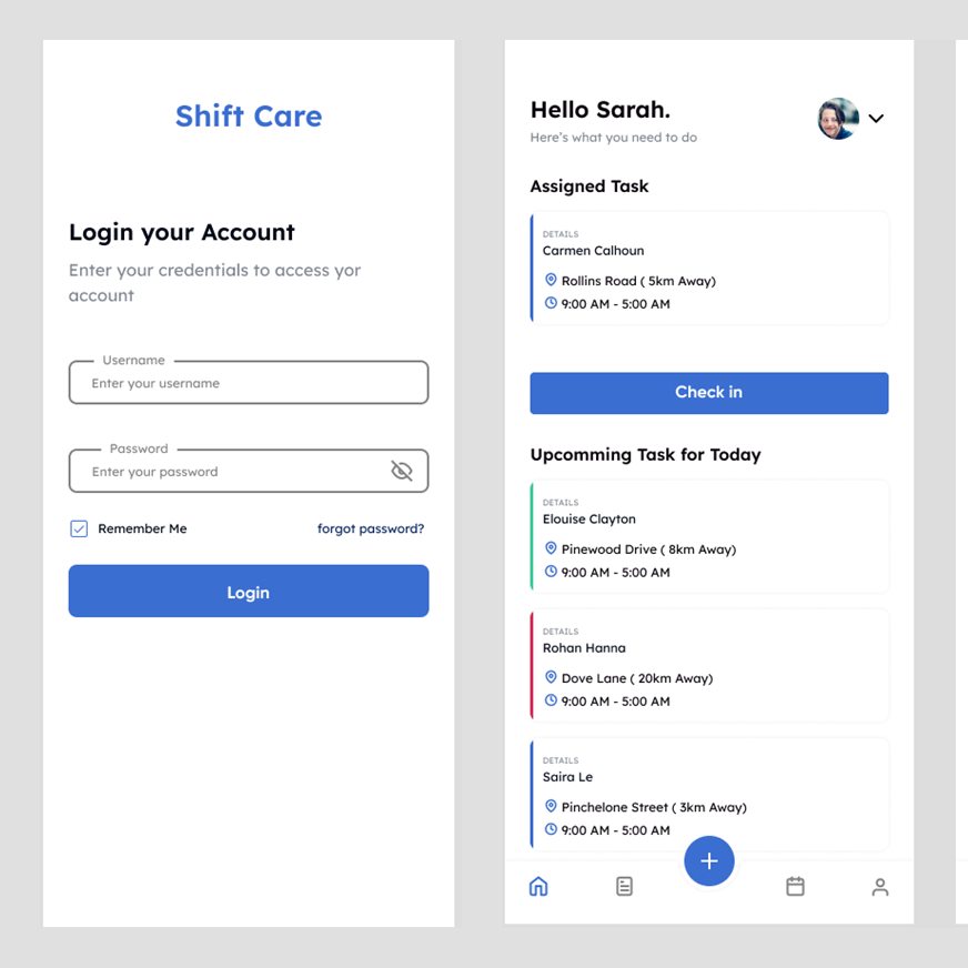 Employee app login, home with assigned task and check-in, and roster