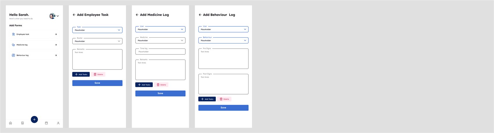 Add forms menu, add employee task, add medicine log and add behaviour log