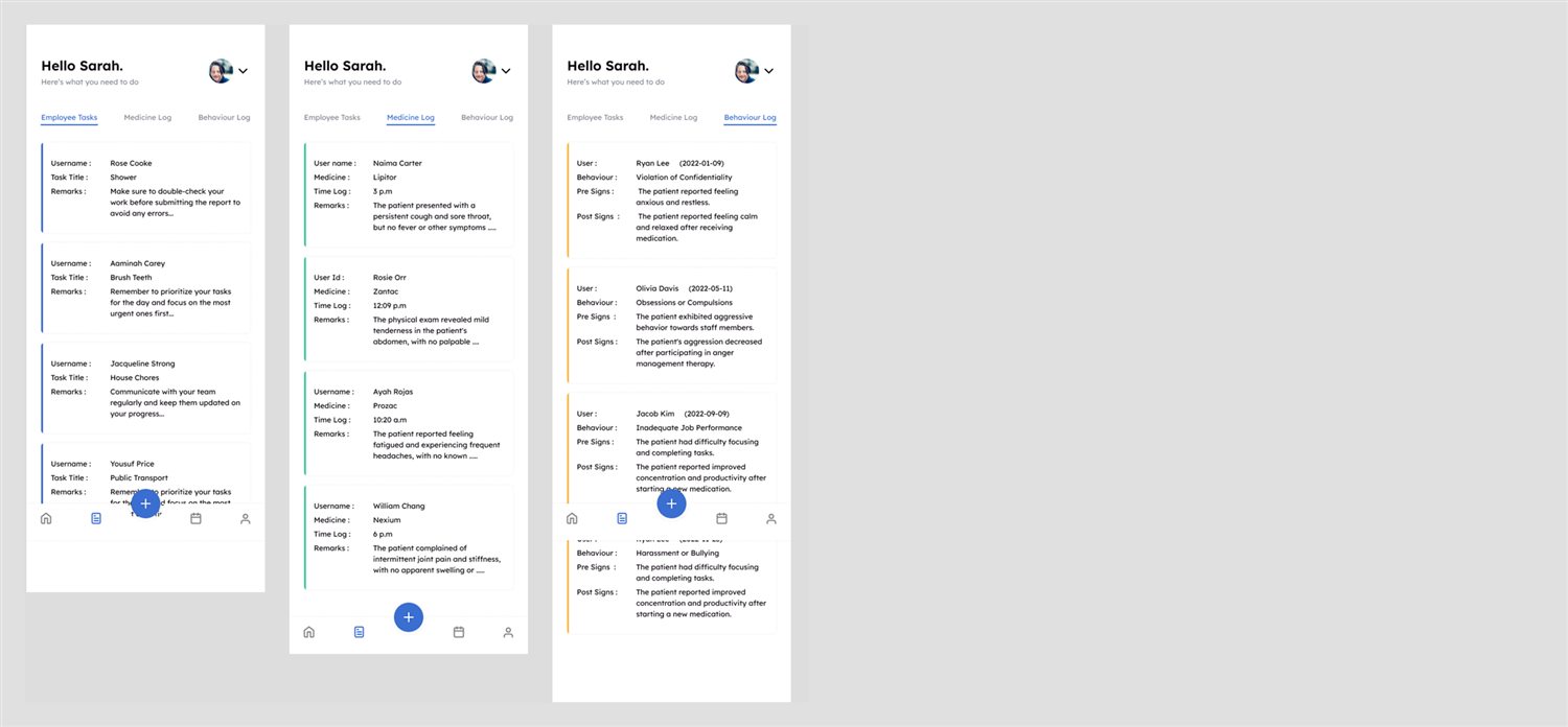 Forms list with employee tasks, medicine log and behavior log tabs