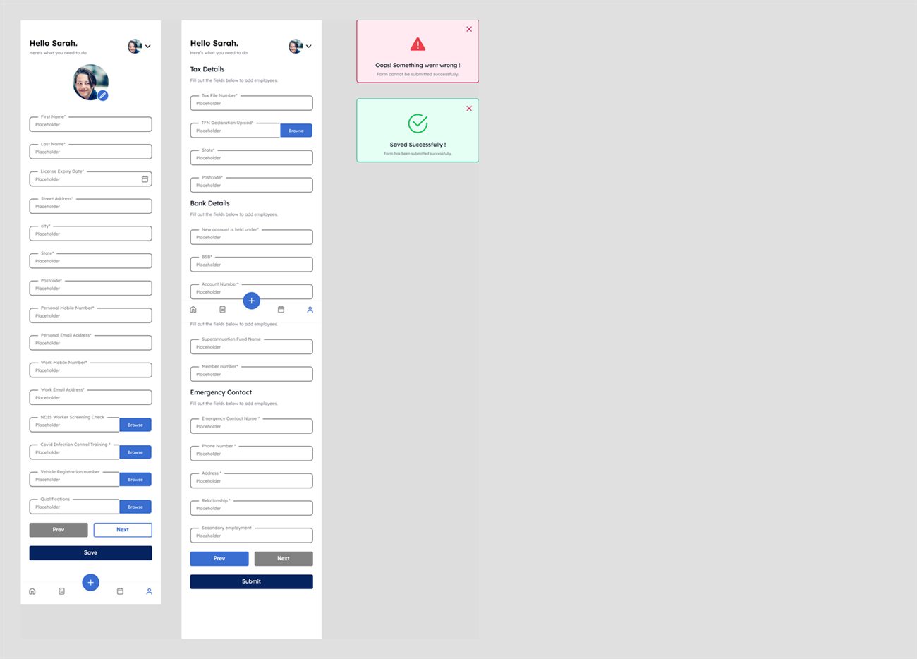 Employee profile form with tax, bank and emergency contact sections plus success and error messages