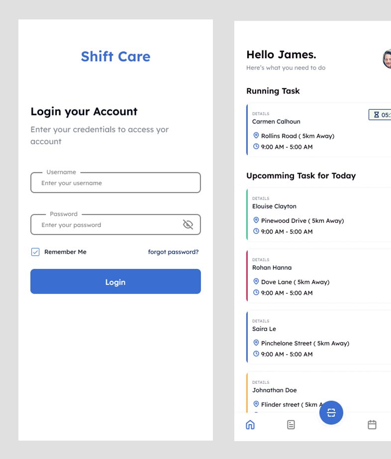 User app login and home with running task and upcoming tasks
