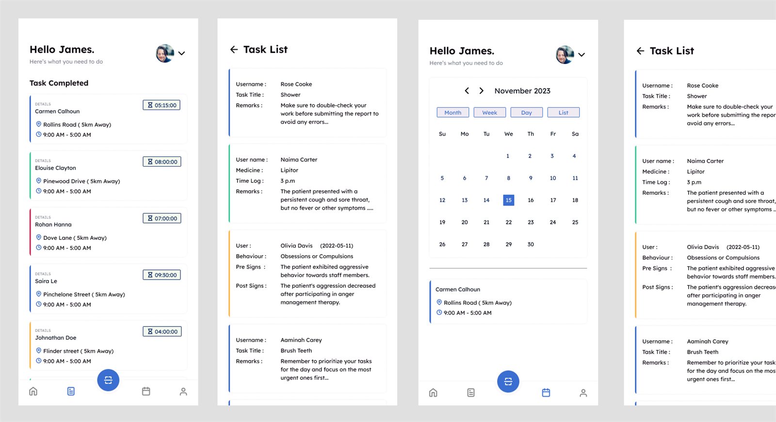 Completed tasks, task list with remarks, and roster calendar