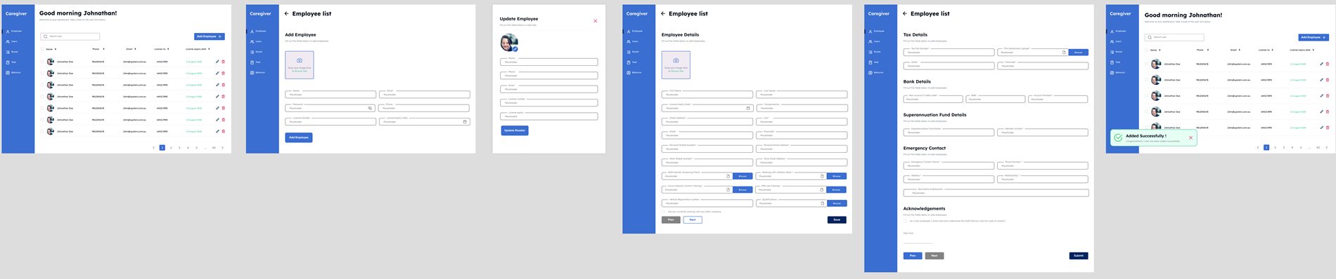 Employee list, add employee form, update employee, details and success message
