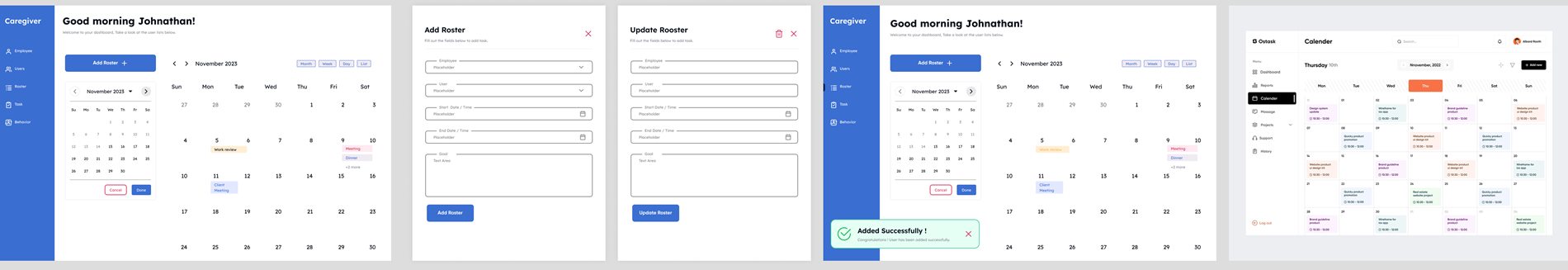 Roster month calendar, add roster and update roster forms