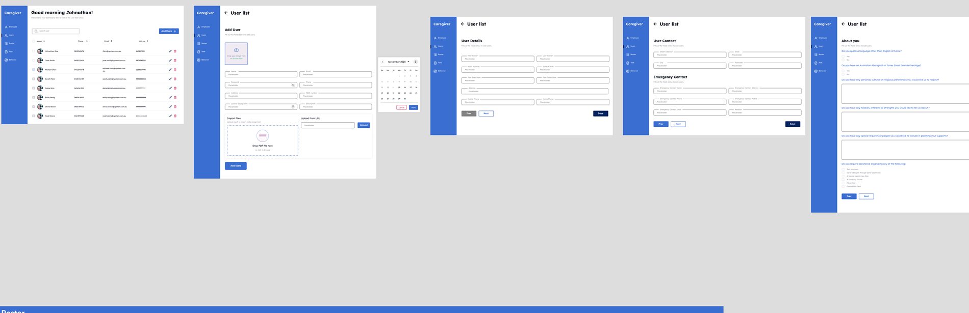User list, add user, PDF import and user details screens