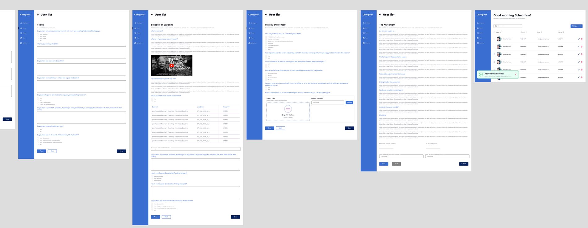 Health questionnaire, schedule of supports, privacy and consent and agreement screens