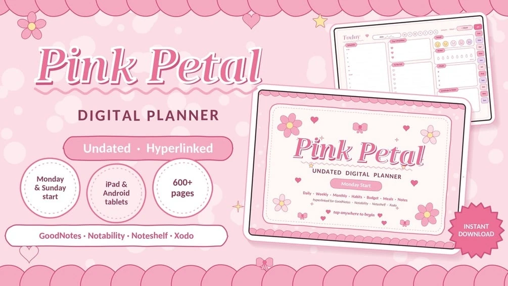 Pink Petal Digital Planner: hand-drawn pink planner pages shown on a tablet
