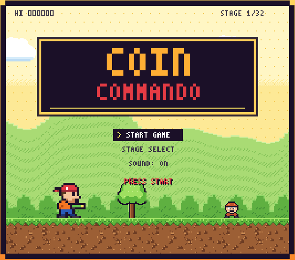 Coin Commando title screen: a pixel-art hero with a blaster on a grassy hill under the game logo