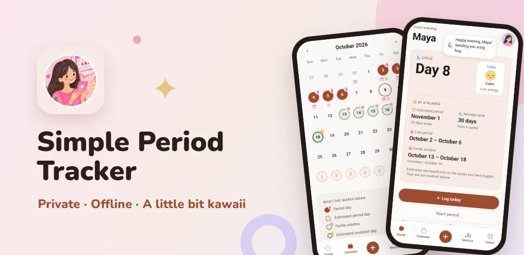 Simple Period Tracker: app icon of a girl holding a phone, next to the app's calendar and cycle-day screens