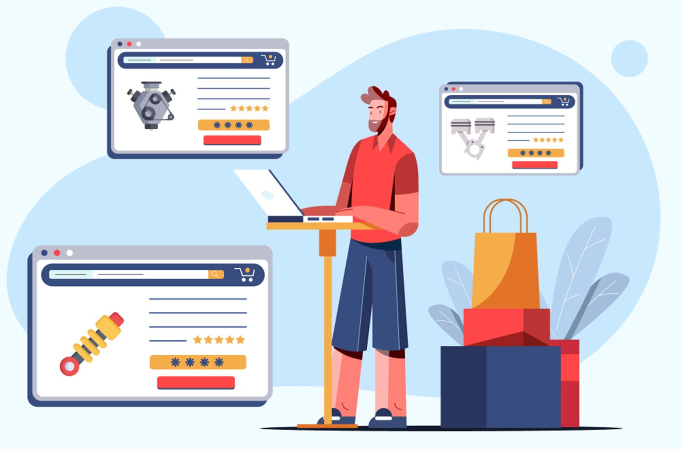Illustration of a person shopping for motor parts on a laptop beside boxes and a shopping bag