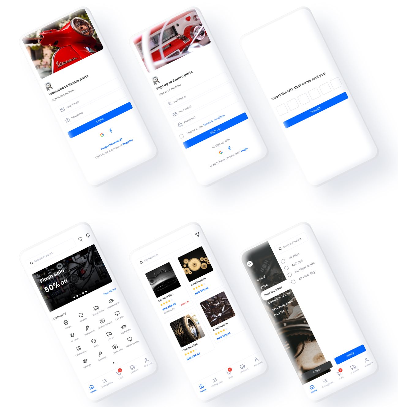 High-fidelity screens: login, sign up, OTP, home, product list and filter drawer