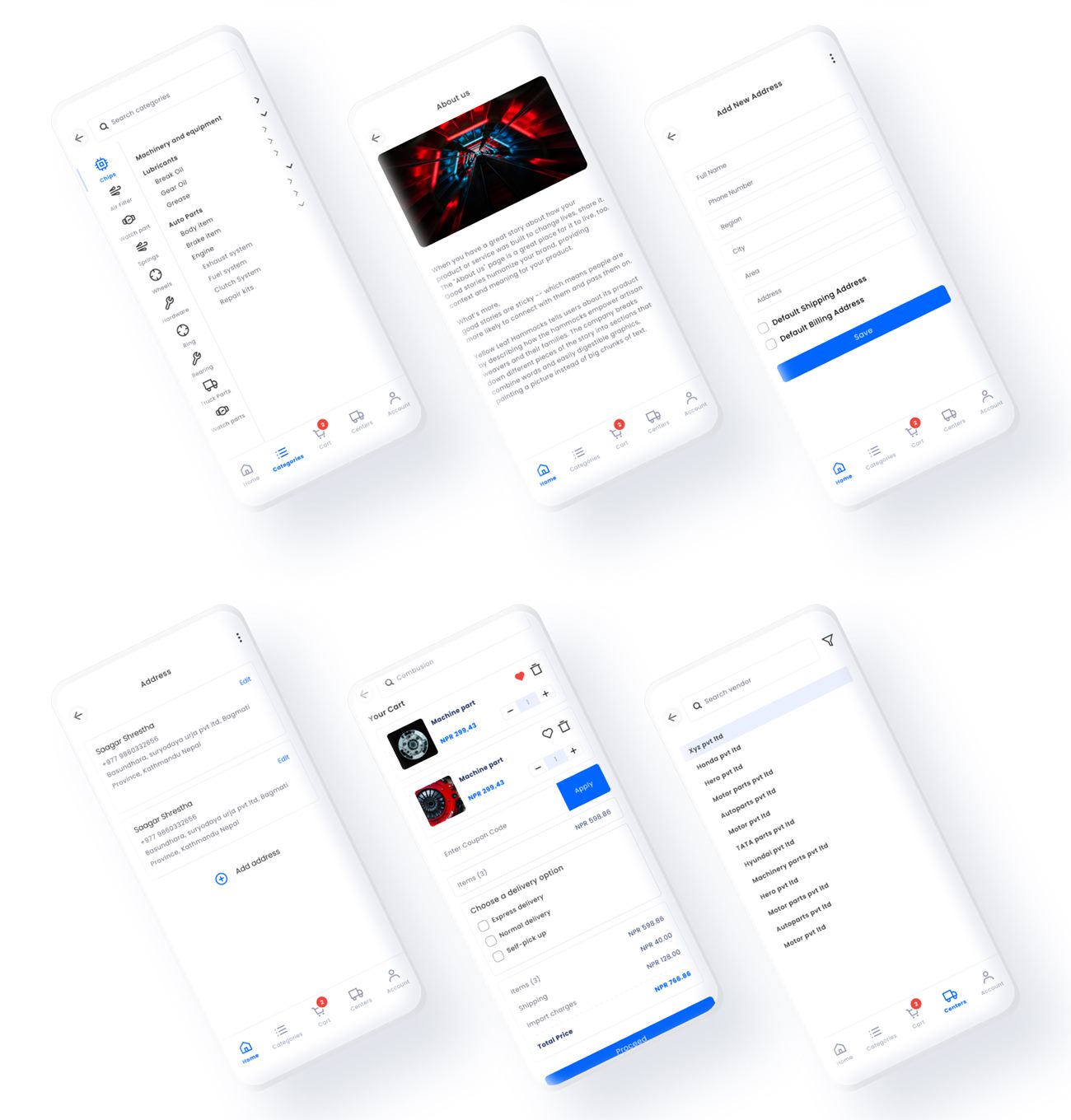 High-fidelity screens: categories, about us, add address, addresses, cart and search results