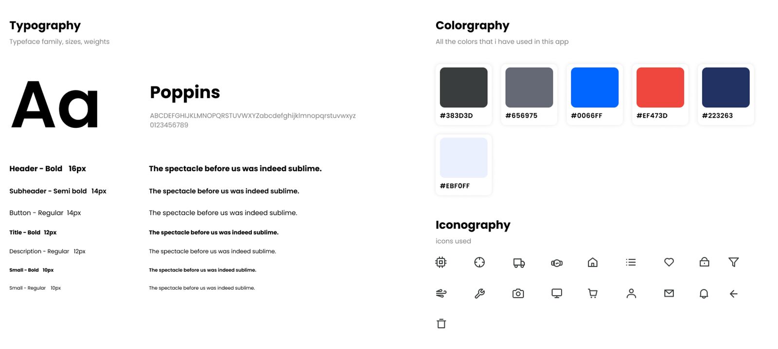 The original Ramroparts style guide showing the Poppins type scale, six colors and the icon set