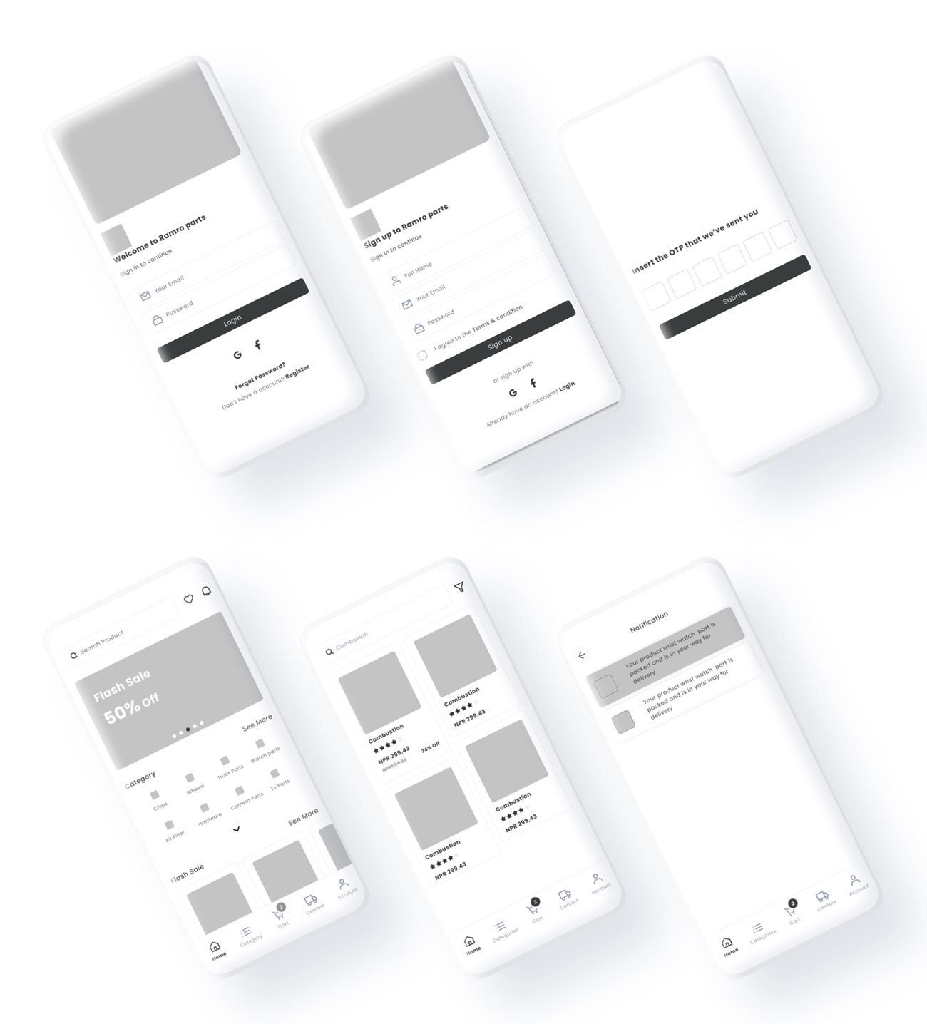 Wireframes: login, sign up, OTP, home with flash sale and categories, product list, notifications