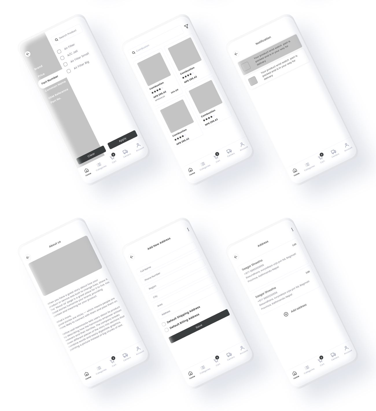 Wireframes: filter drawer, product list, notifications, about us, add new address and addresses