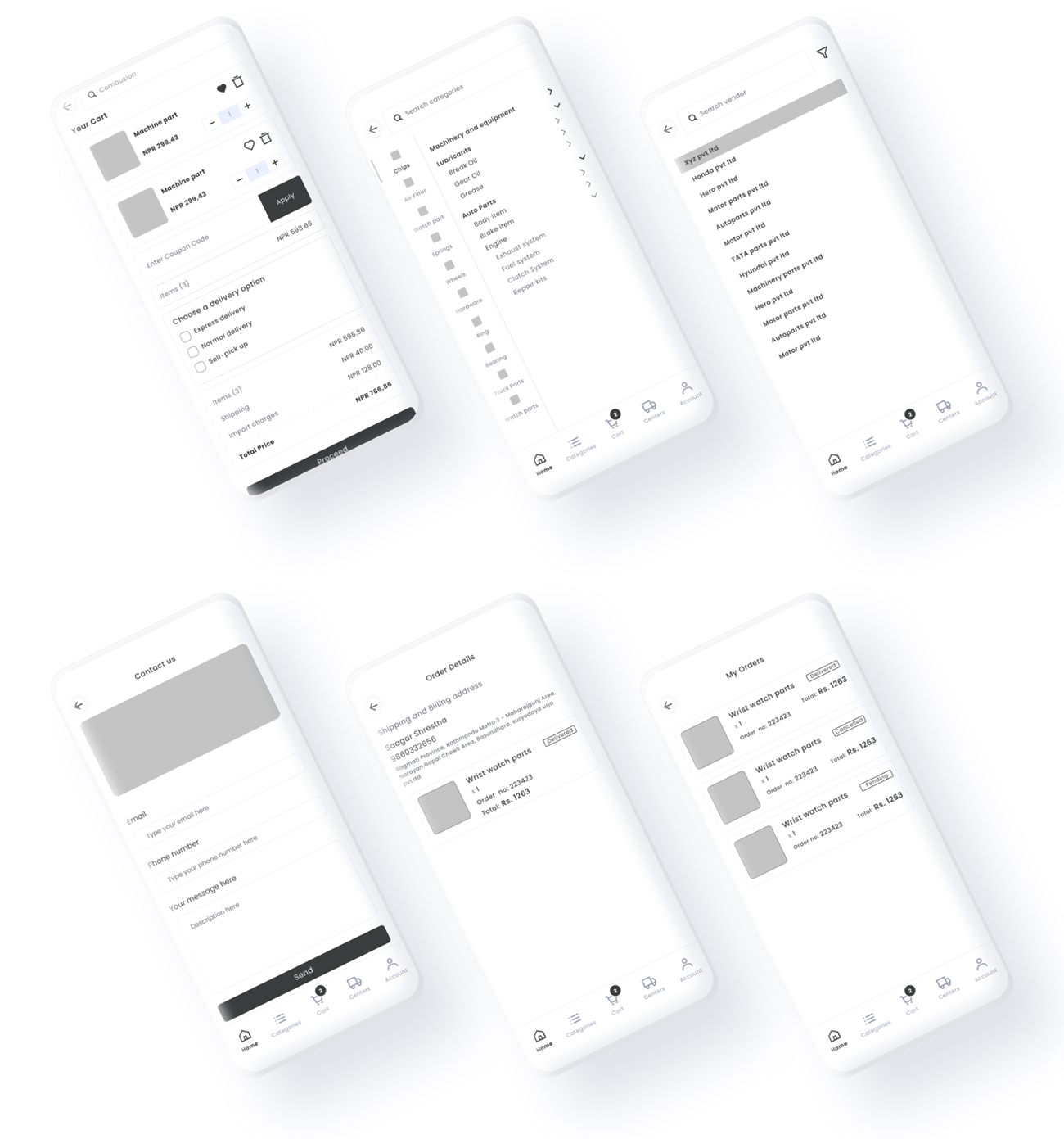 Wireframes: cart, categories, search results, contact us, order details and my orders