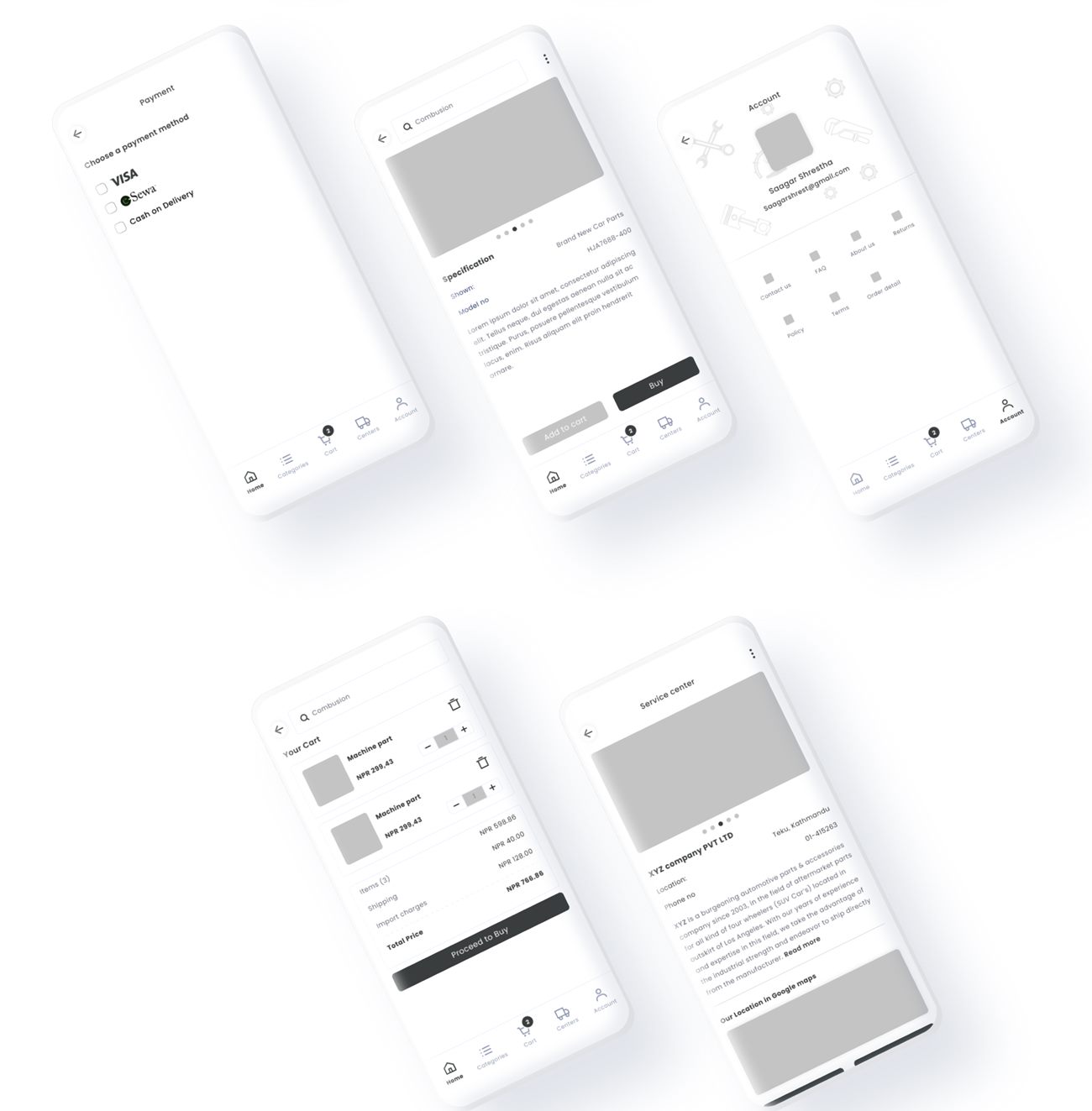 Wireframes: payment, product detail, account, cart and service center
